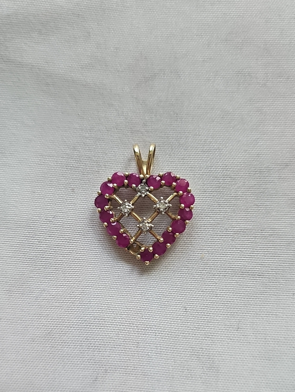 10K Yellow Gold Natural Pink Rubies and Diamond Heart Pendant